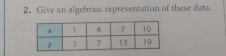 Give an algebraic representation of these data x|y 1|1 4|7 7|13 10|19​-example-1