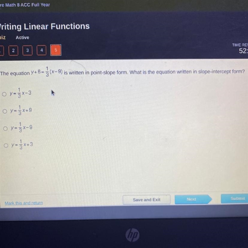 The equation y+6=3(x=9) is written in point-slope form. What is the equation written-example-1