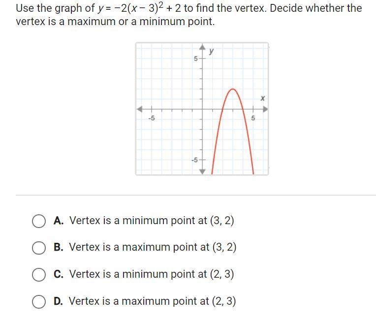 Use the graph of y=-2(x-3)^2+2 to find the vertex. Decide whether the vertex is a-example-1