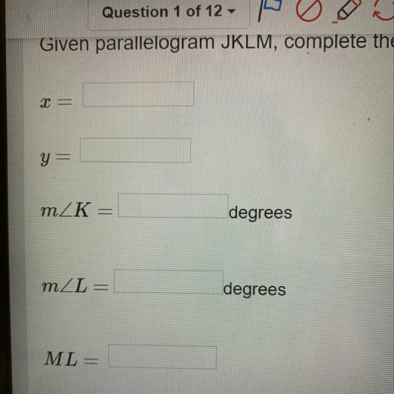 Given parallelogram JKLM, complete the following statements.-example-1