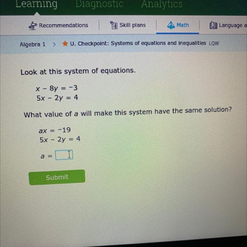 PLEASE HELP ME :(. Look at this system of equations. X - 8y = -3 5x - 2y = 4 What-example-1