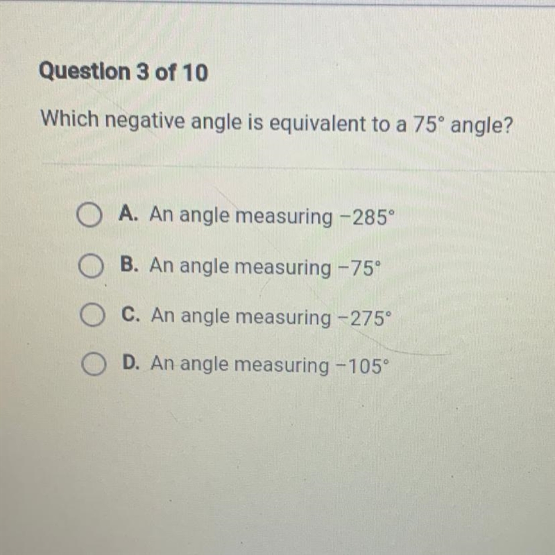 Which negative angle is equivalent to a 75° angle?-example-1