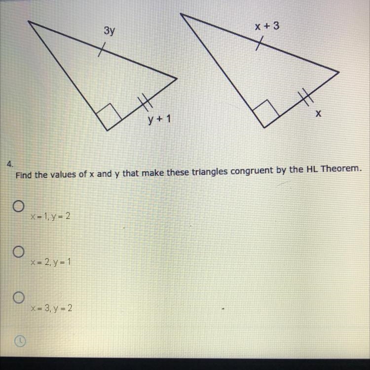 Find the values of X and Y that makes these triangles congruent by the HL theorem-example-1