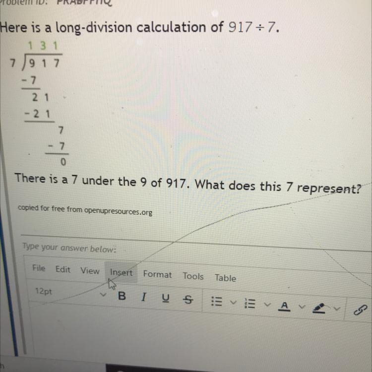 Here is a long-division calculation of 917:7. 1 31 7 9 1 7 - 7 2 1 - 2 1 - 7 0 There-example-1