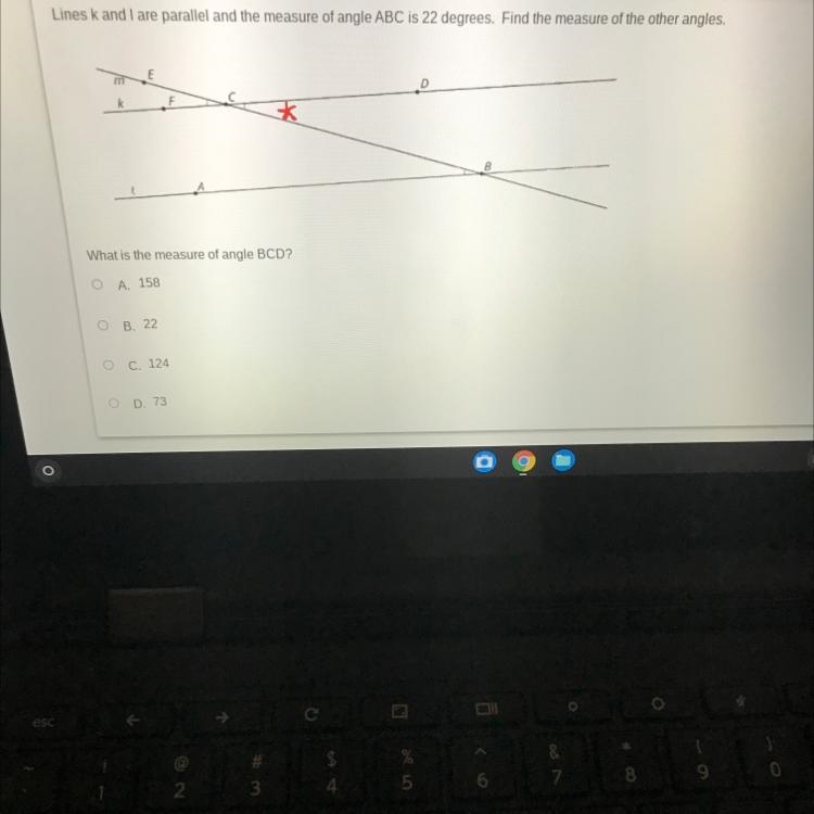 Lines k and l are parallel and the measure of angle ABC is 22 degrees. Find the measure-example-1