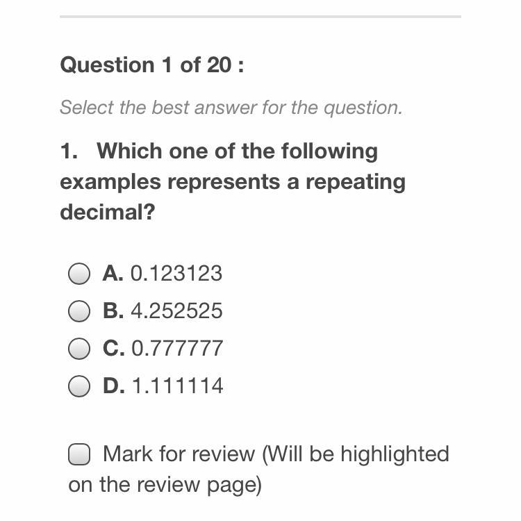 Which one of the following examples represent a repeating decimal?-example-1