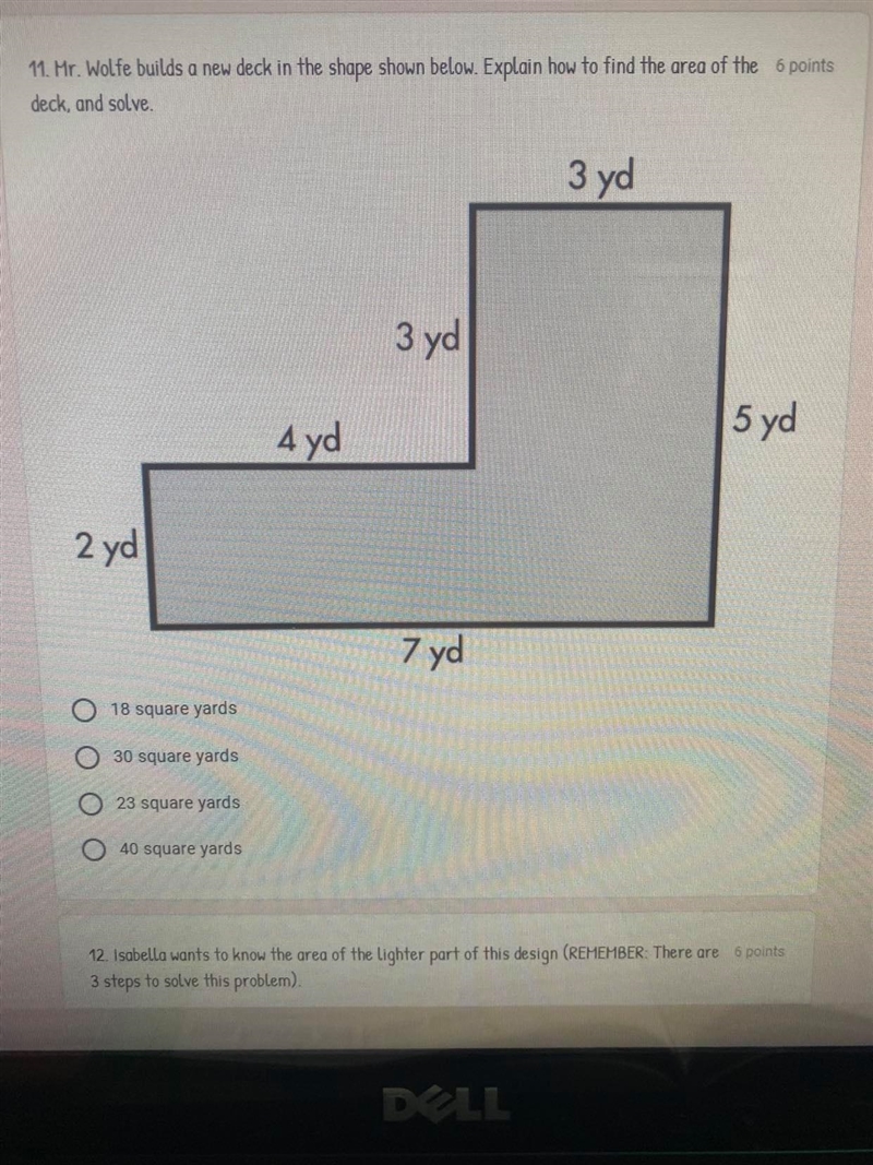 Mr. Wolfe builds a new deck in the shape shown below. Explain how to find the area-example-1