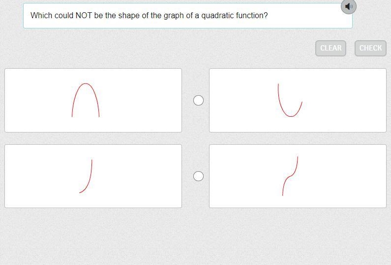 Which could NOT be the shape of the graph of a quadratic function?-example-1