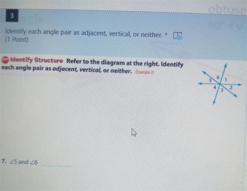 Pls help Identify each angle pair as adjacent, vertical, or neither. Identify Structure-example-1