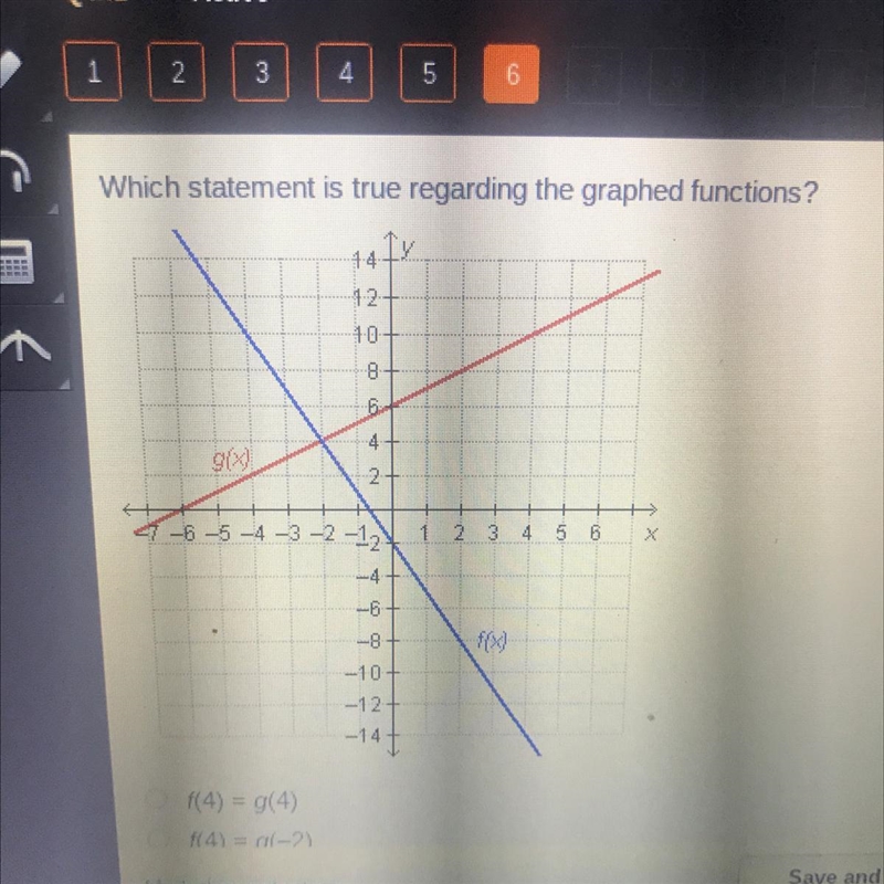 Which statement is true regarding the graphed functions? euf 12 40 B 4 914 2 1 2 3 4. 5 B-example-1