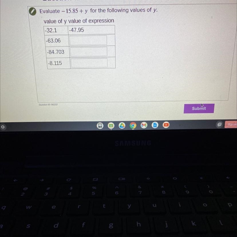 Evaluate - 15.85 + y for the following values of y. value of y value of expression-example-1