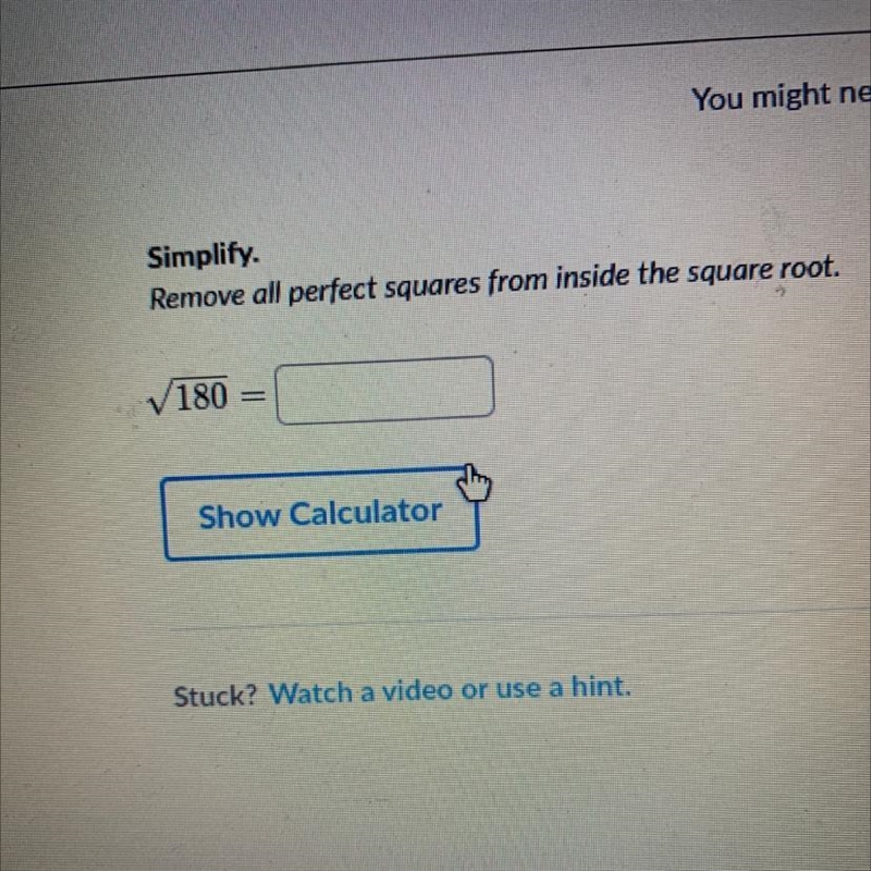 Simplify. Remove all perfect squares from inside the square root. √180-example-1