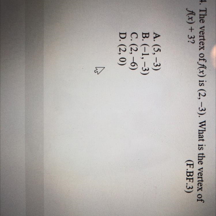 The vertex of f(x) is (2, - 3) . is the vertex of f(x) + 3-example-1