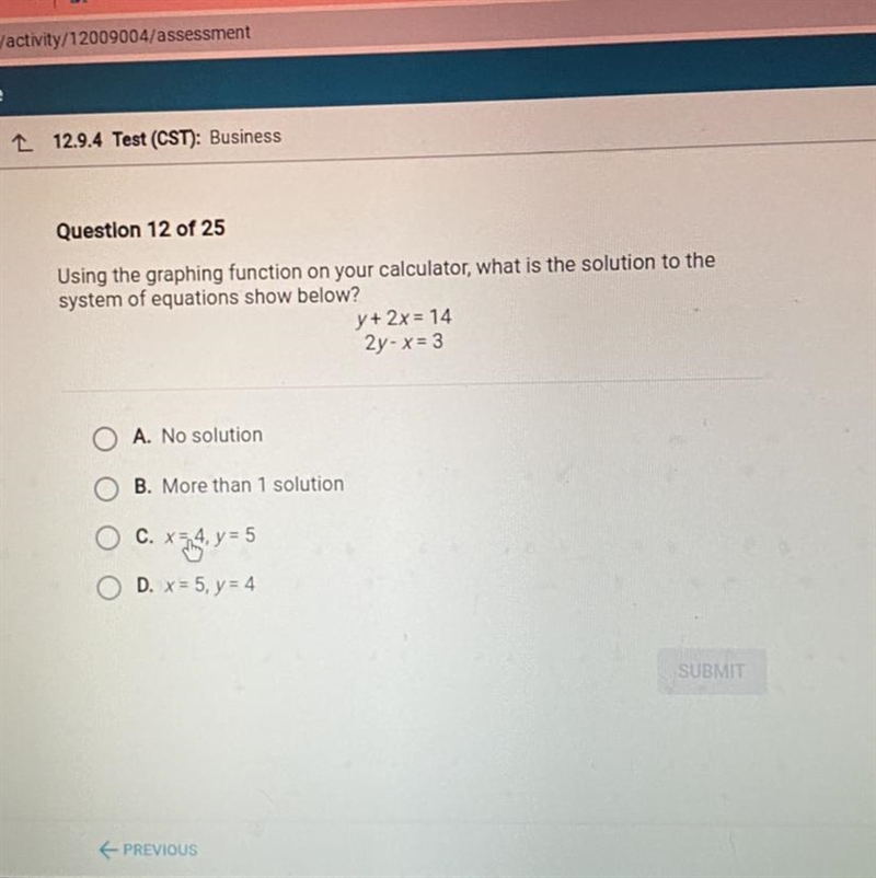 Using the graphing function on your calculator, what is the solution to the system-example-1