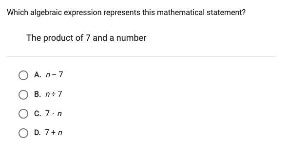 Which algebraic expression represents this mathematical statement? the product of-example-1