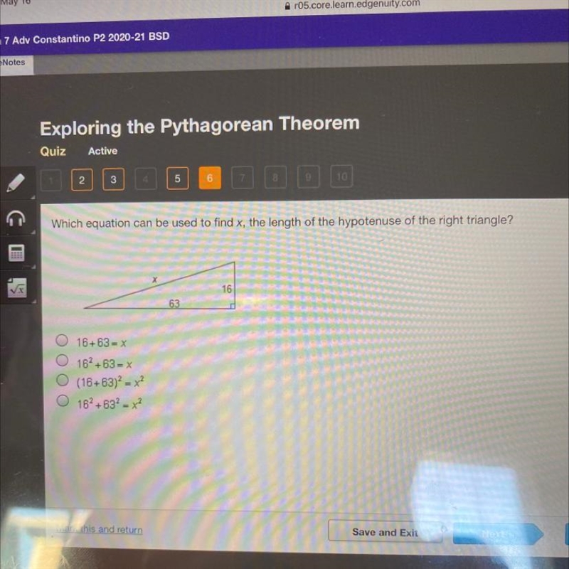 Which equation can be used to find X, the length of the hypotenuse of the right triangle-example-1