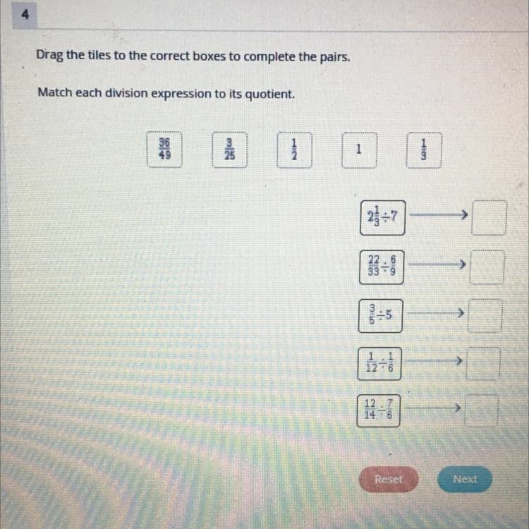 Drag the tiles to the correct boxes to complete the pairs. Match each division expression-example-1