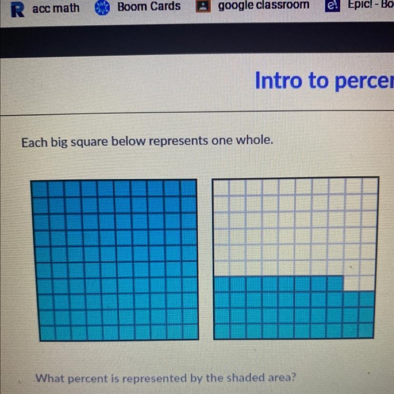 Each big square below represents one whole. What percent is represented by the shaded-example-1