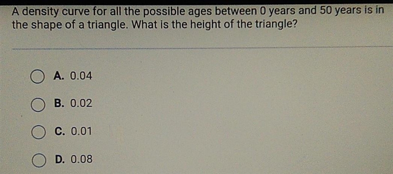 A density curve for all the possible ages between 0 years and 50 years is in the shape-example-1