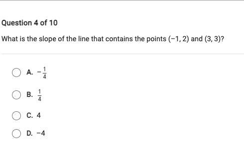 What is the slope of the line that contains the points (-1,2) and (3,3)-example-1