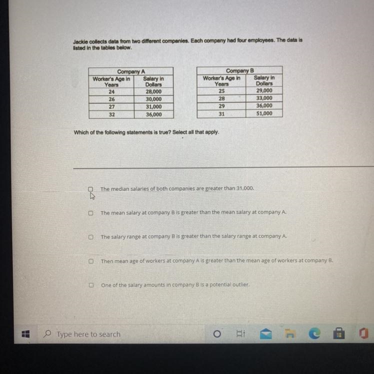 Jackie collects data from two different companies. Each company had four employees-example-1