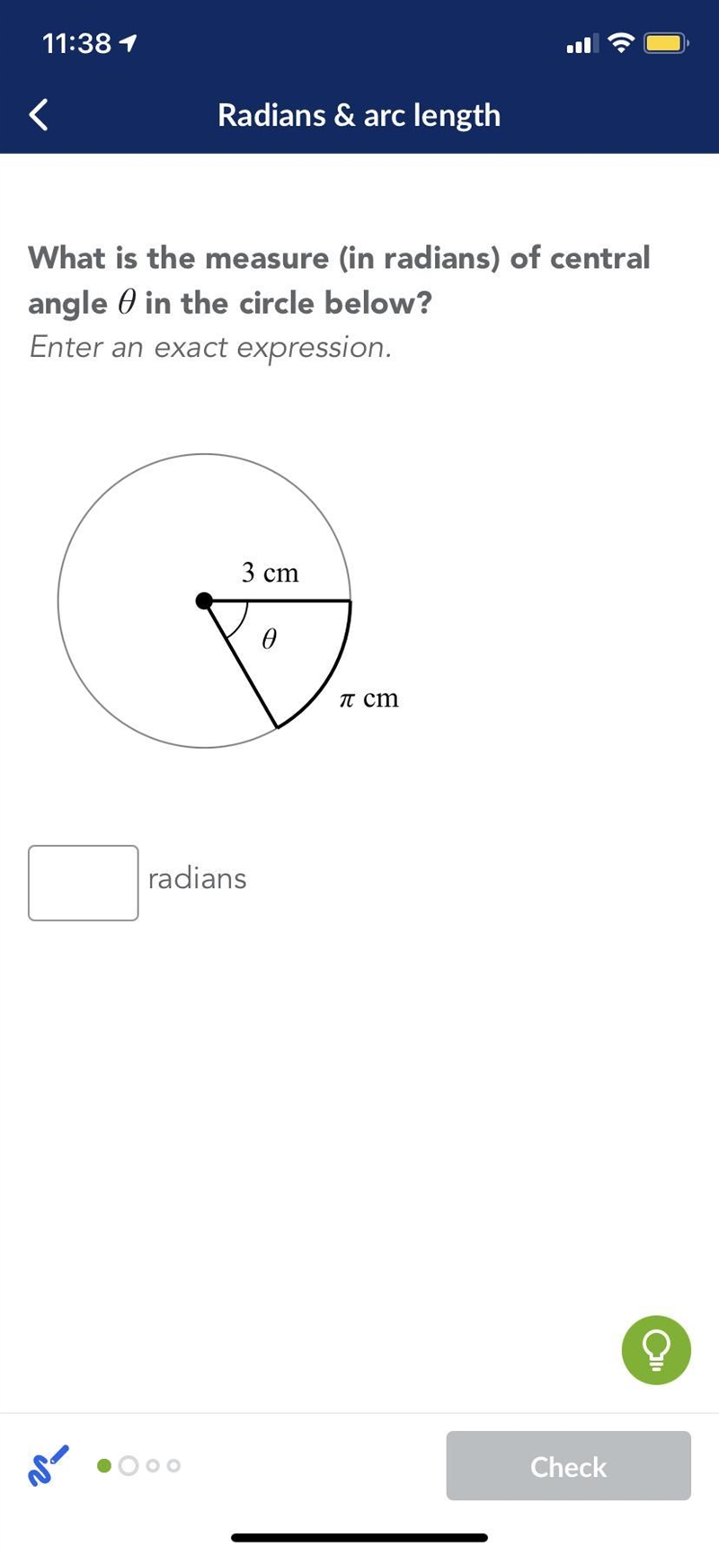 What is the measure (in radians) of central angle 0 in the circle below? Enter an-example-1