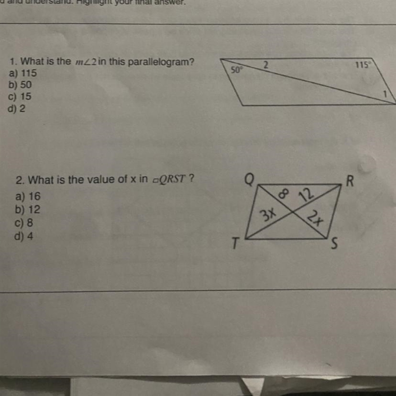 1. What is the m 2 in this parallelogram? a) 115 b) 50 C) 15 d) 2 ( IF I CAN ANSWER-example-1