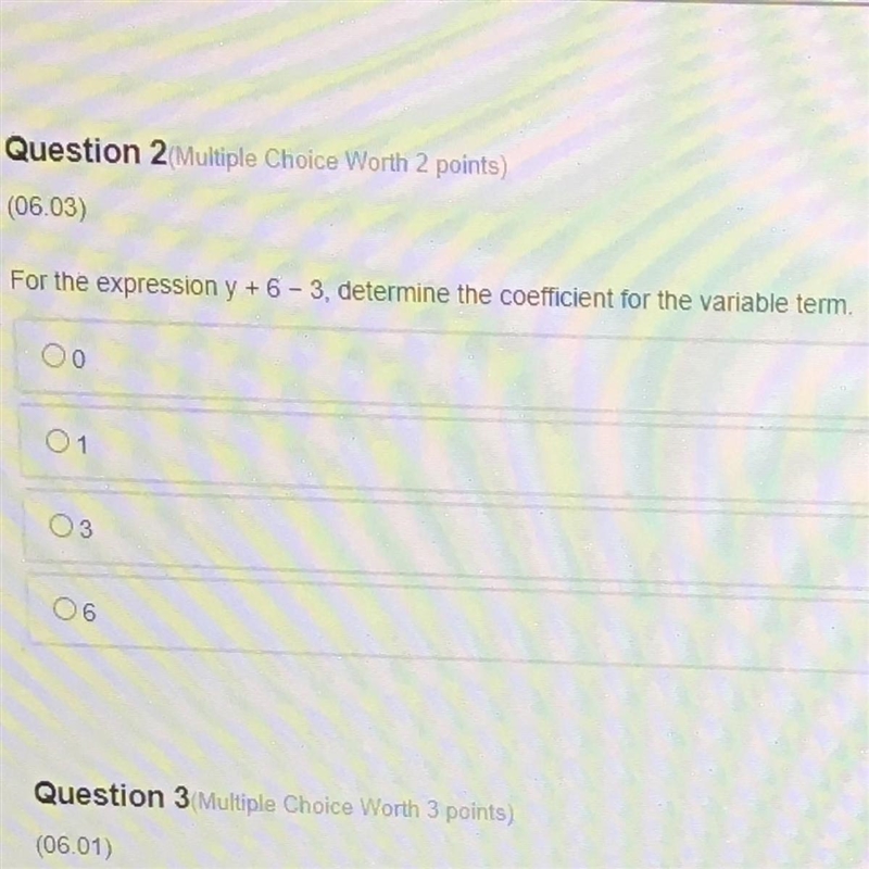 For the expression y + 6 - 3, determine the coefficient for the variable term.-example-1