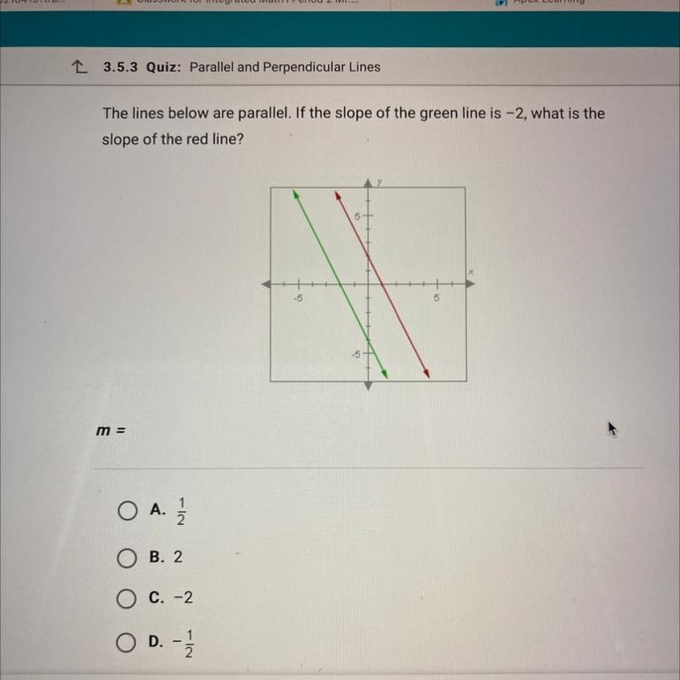 The lines below are parallel. If the slope of the green line is -2, what is the slope-example-1