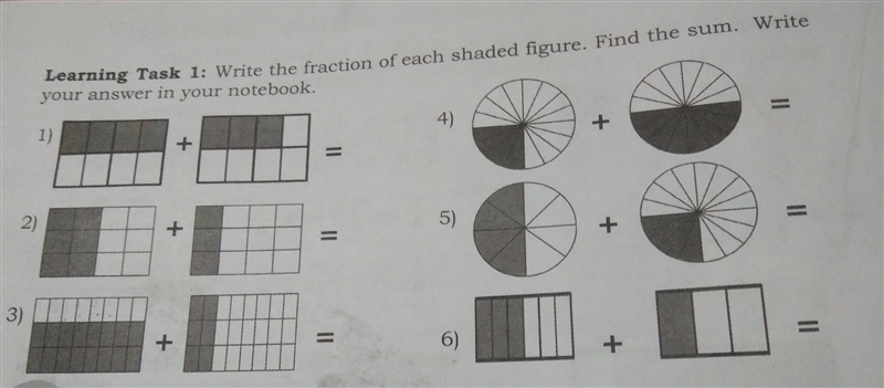 Learning Task 1: Write the fraction of each shaded figure. Find the sum. Write your-example-1