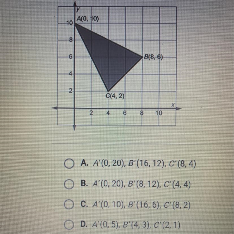 What are the vertices of angle A’B’C’ if angle ABC is dilated by a scale factor of-example-1