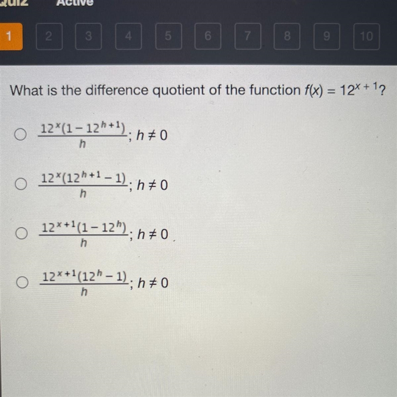 What is the difference quotient of the function f(x)=12^x+1 ?-example-1