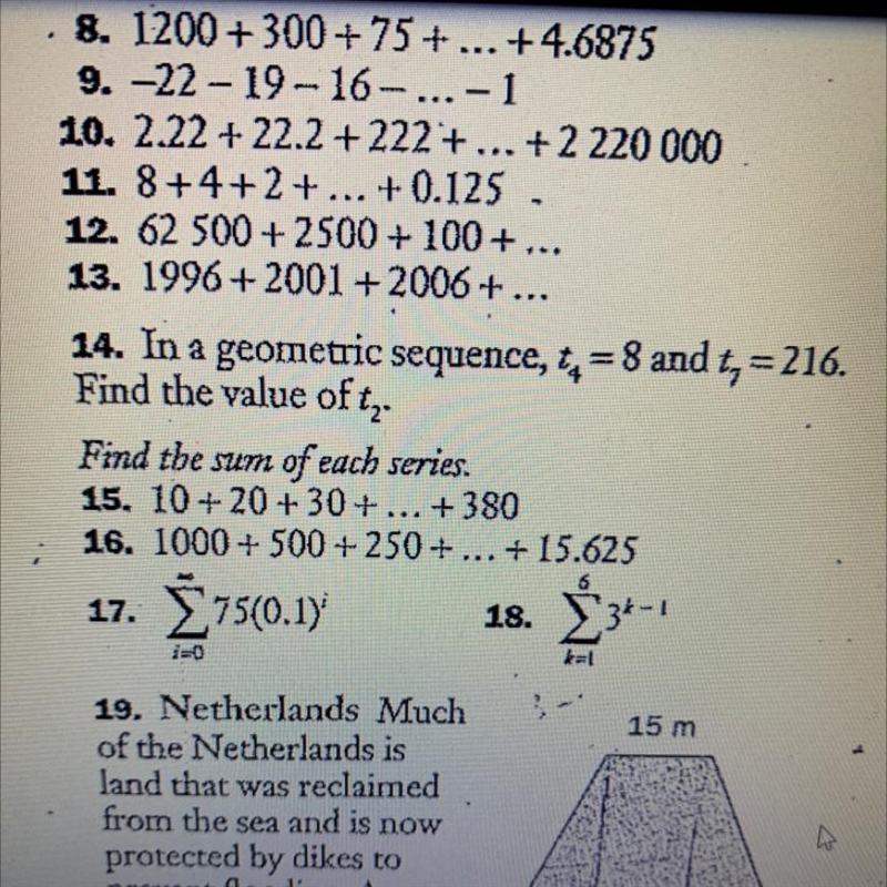 In a geometric sequence, t4 = 8 and t7 = 216. Find the value of t2 Question 14 plz-example-1