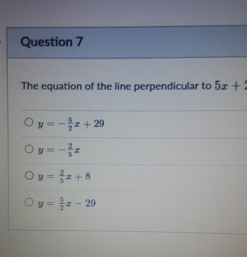 The equation of the line perpendicular to 5x + 2y equals 20 in containing the point-example-1