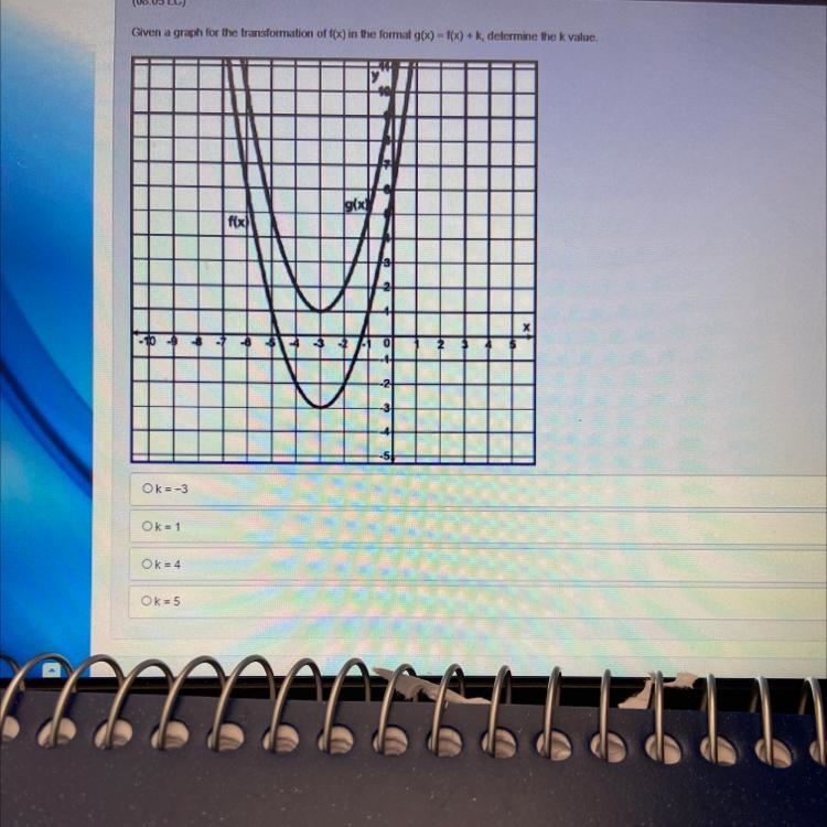 Given a graph for the transformation of f(x) in the format g(x) = f(x) + k, determine-example-1