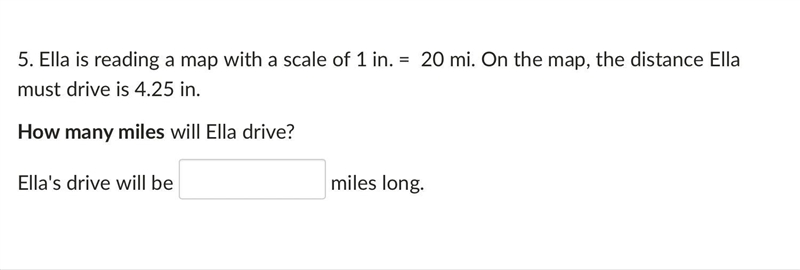 Ella is reading a map with a scale of 1 in. = 20 mi. On the map, the distance Ella-example-1