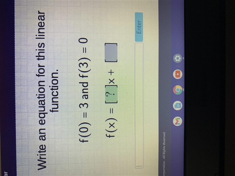 Write an equation for this linear function. f(0)=3 and f(3)=0 f(x)=-example-1