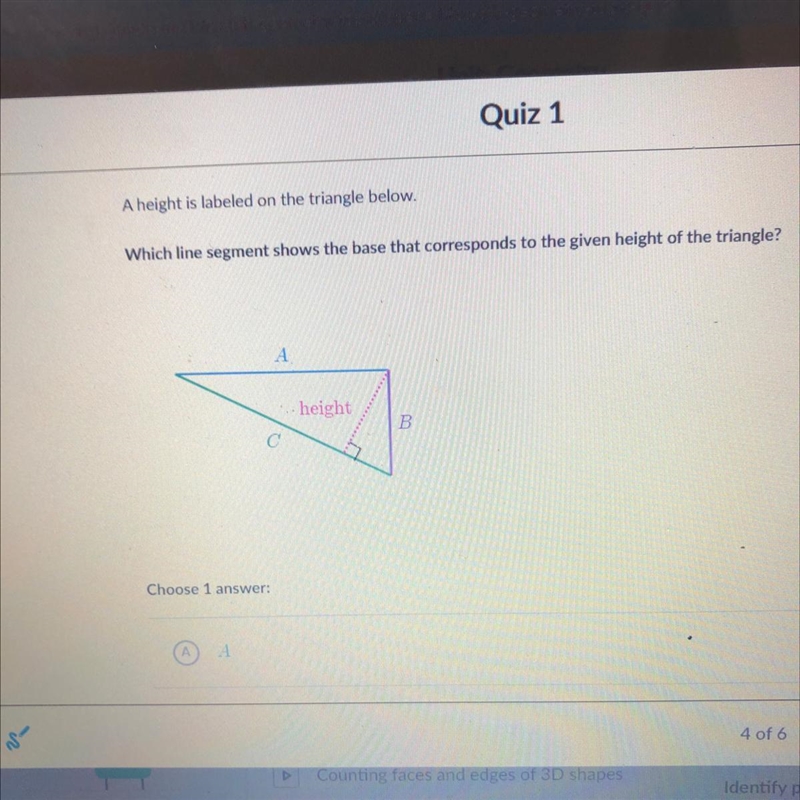 A height is labeled on the triangle below Which line segment shows the base that corresponds-example-1