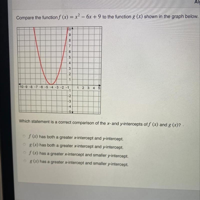 Compare the function f (x) = x2 - 6x + 9 to the function g (x) shown in the graph-example-1