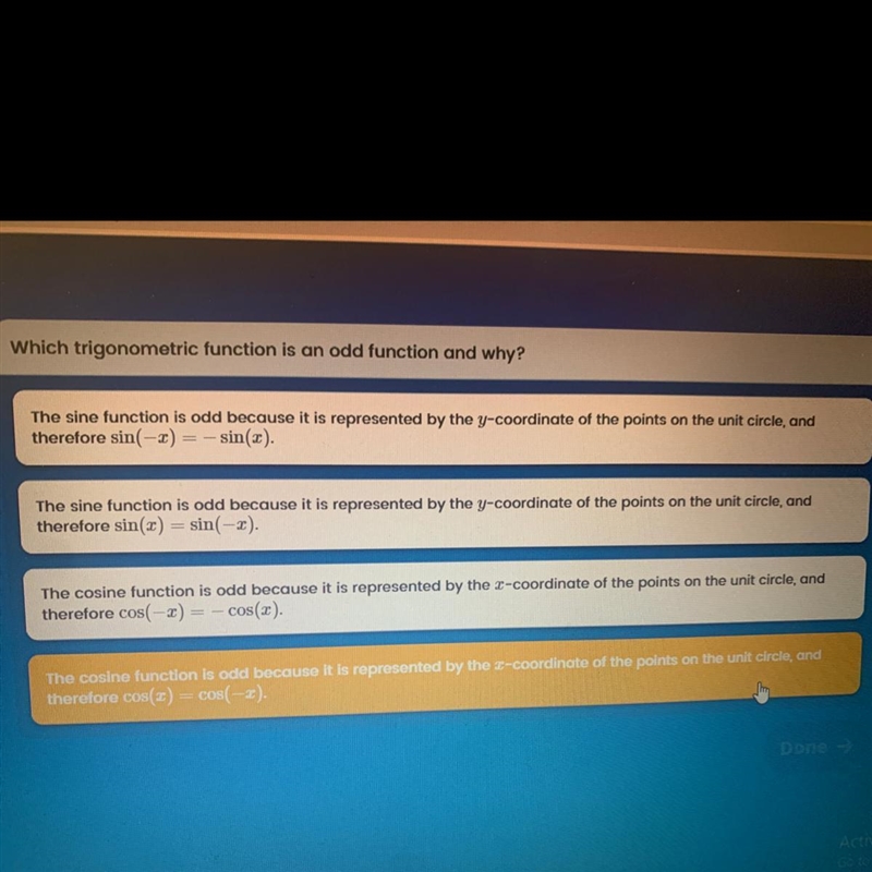 Which trigonometric function is an odd function and why?-example-1