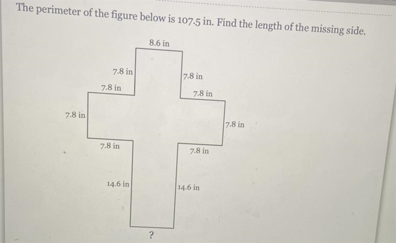 The perimeter of the figure below is 107.5 in. Find the length of the missing side-example-1