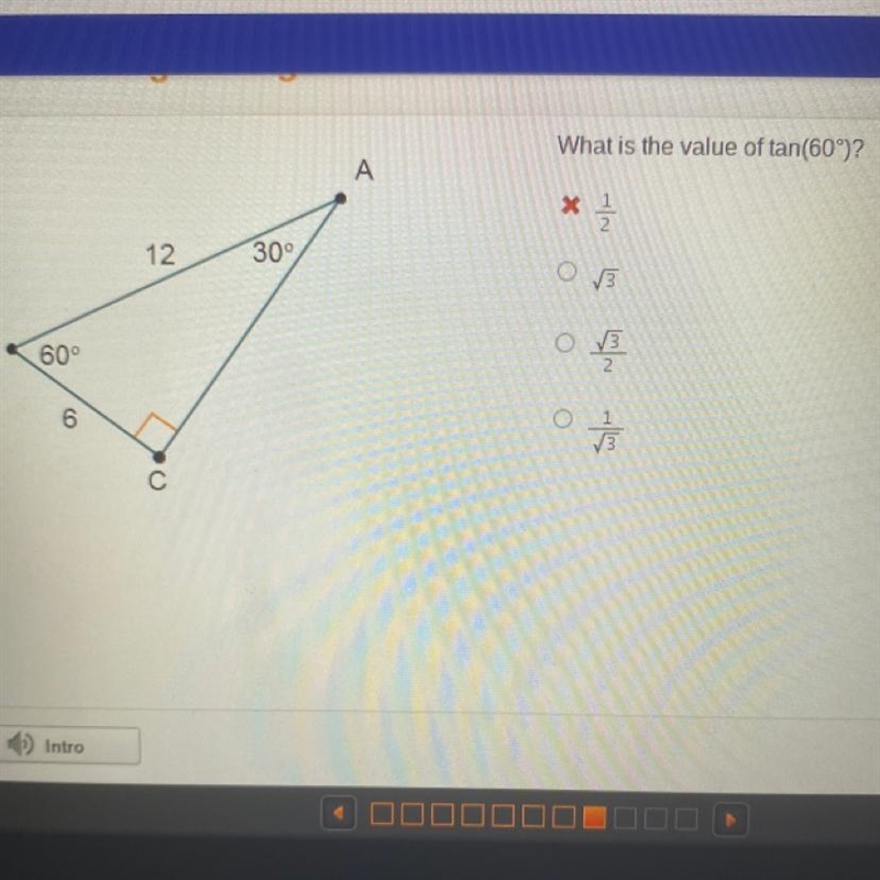 What is the value of tan(60°)? A . 1/2 B. sqrt 3 C. sqrt3/ 2 D. 1/ sqrt3-example-1