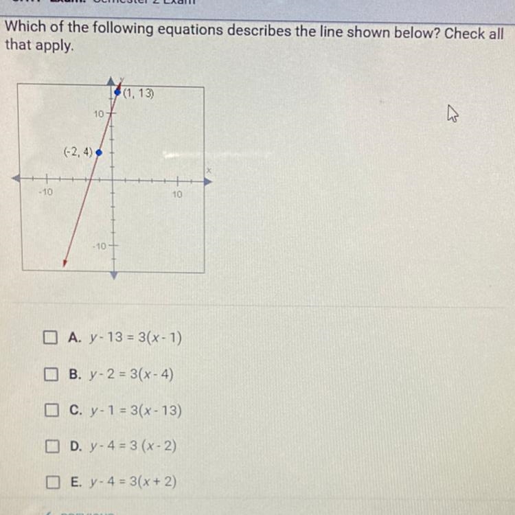 Which of the following equations describes the line shown below? Check all that apply-example-1