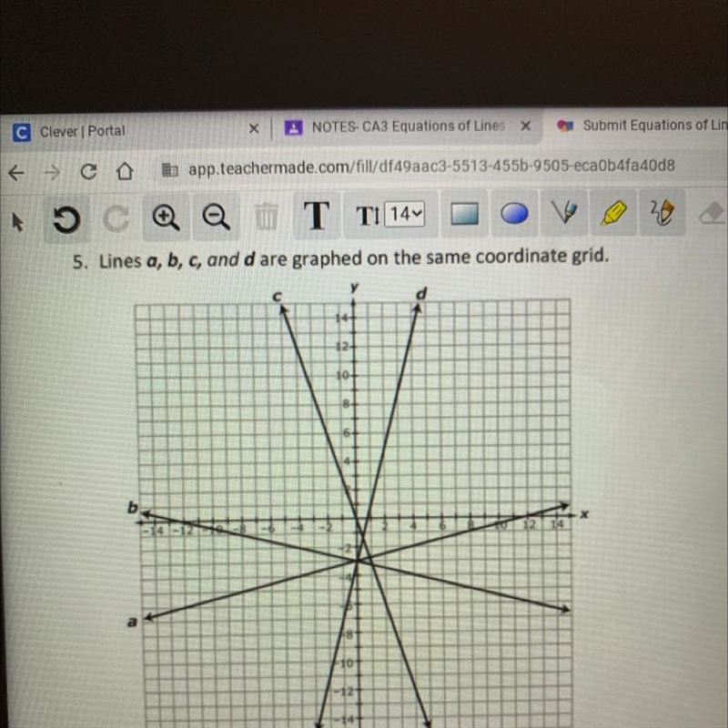 Which line represents a linear equation with a slope of 4 and a y-intercept of -3? A-example-1