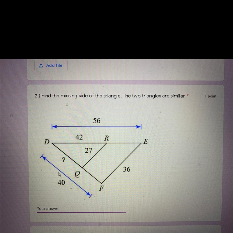 Find the missing side of the triangle. The two triangles are similar.-example-1