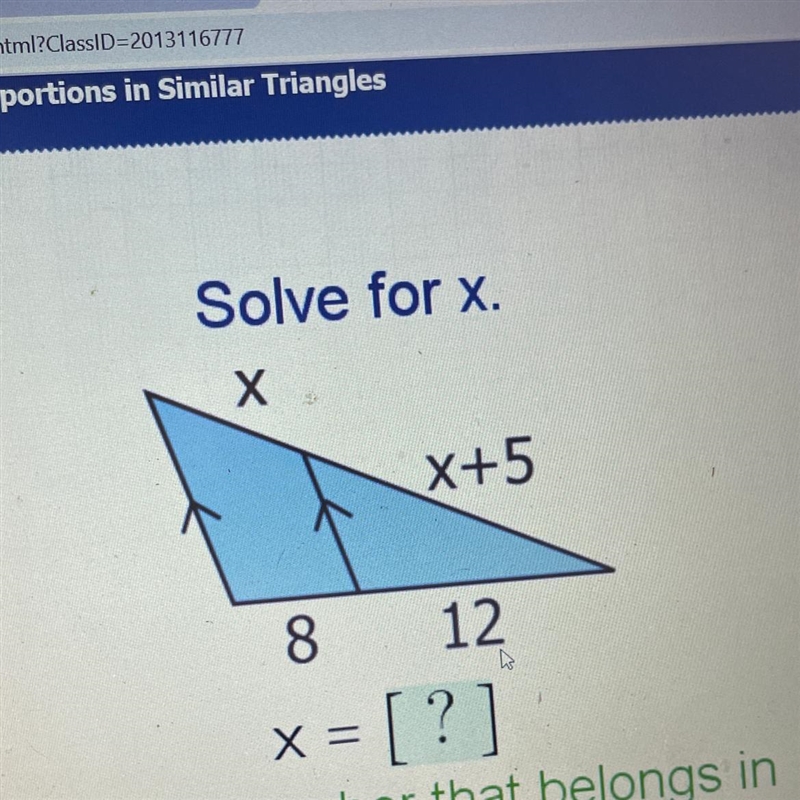 Intro to proportions in similar triangles Solve for x ,-example-1