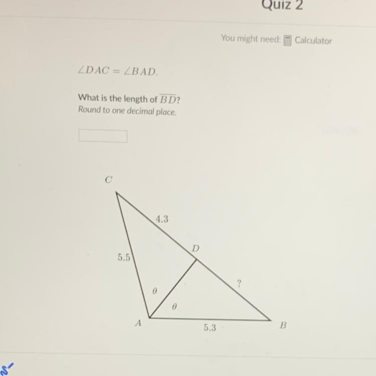 ZDAC = ZBAD. What is the length of BD? Round to one decimal place.-example-1