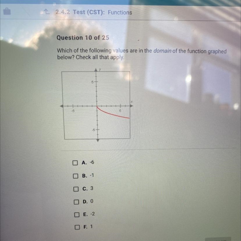 Which of the following values are in the domain of the function graphed below? Check-example-1