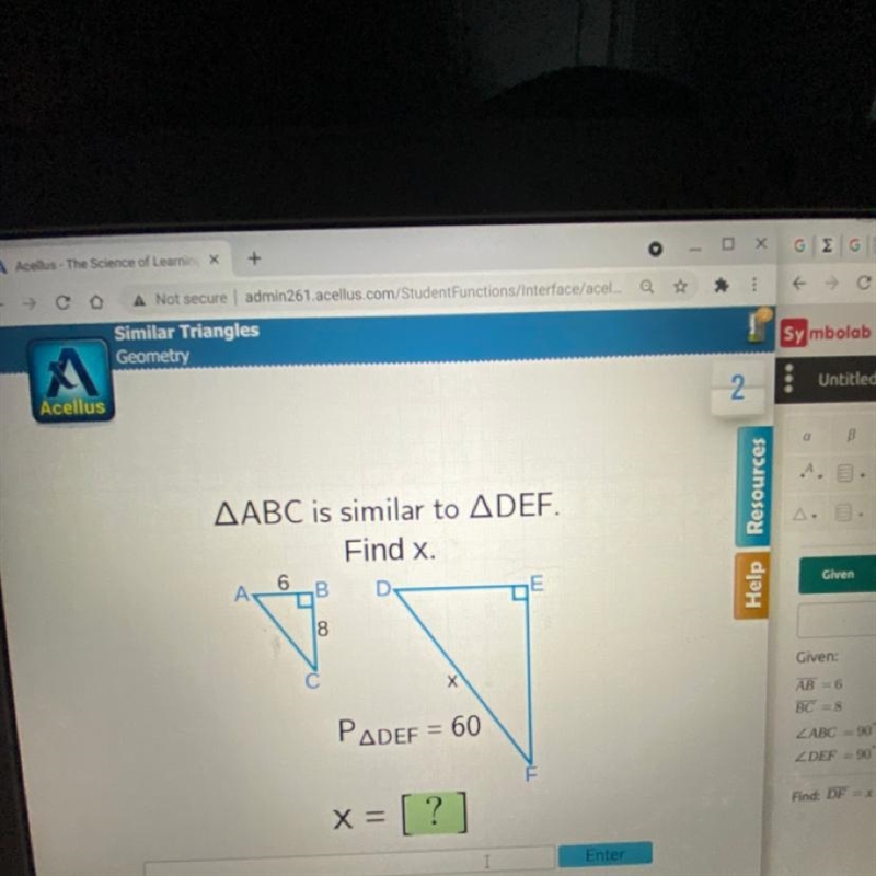 AABC is similar to ADEF. Find x. perimeter of triangle DEF= 60-example-1