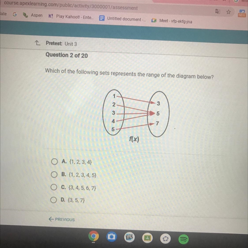 Question 2 of 20 Which of the following sets represents the range of the diagram below-example-1